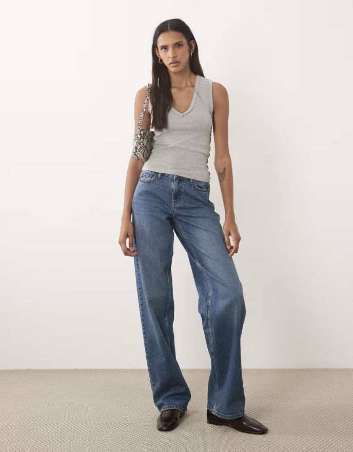 JDY Tall Katie low waist wide leg jeans in mid blue by ASOS